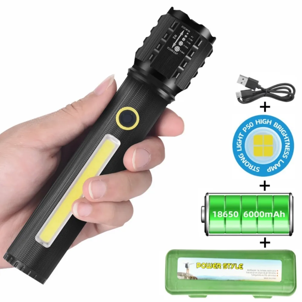 Portable Rechargeable Zoom LED Flashlight COB Flash Light Torch Lantern 3 Lighting Modes Camping Light Outdoor Led Flashlight