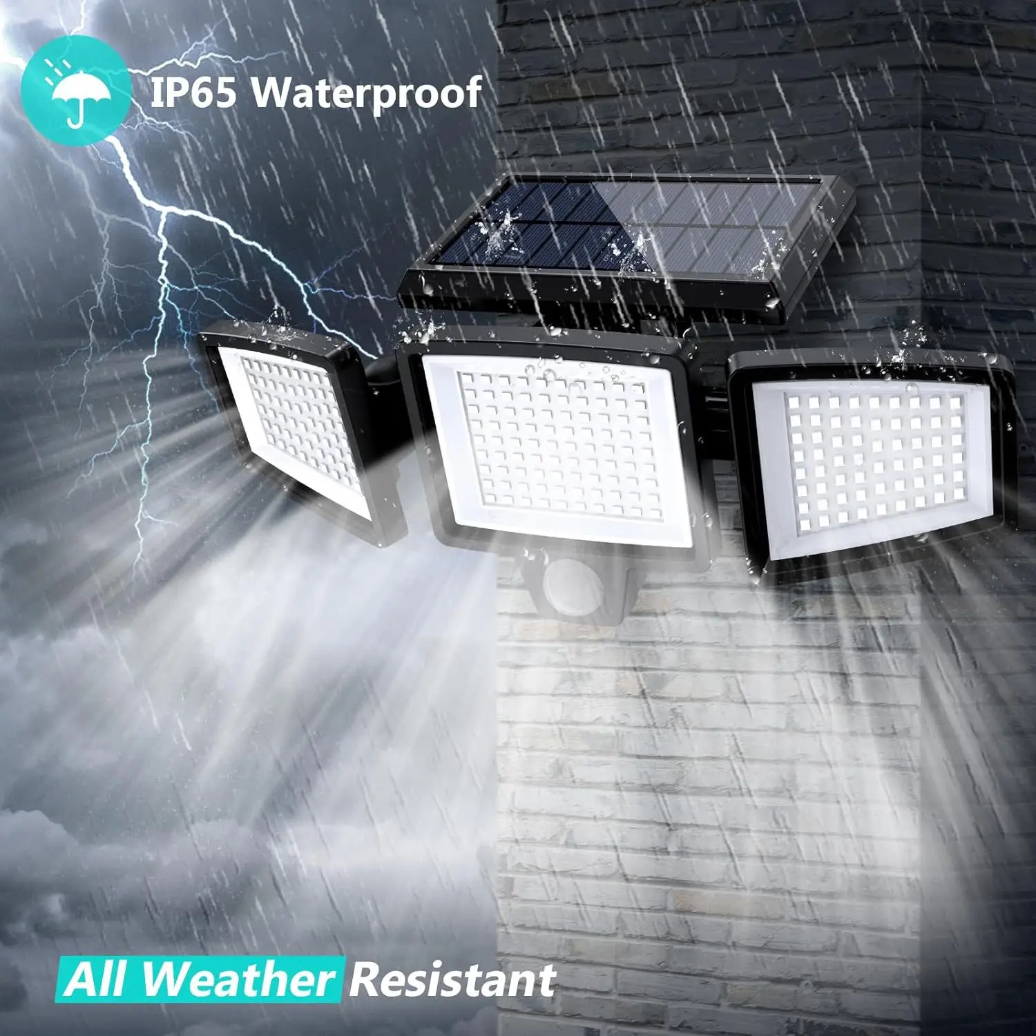 

Triple Head Solar Lights Outdoor with Sensor Super Bright Wall Lamp 210LED 2500LM IP65Waterproof Street Light for Garden Garage