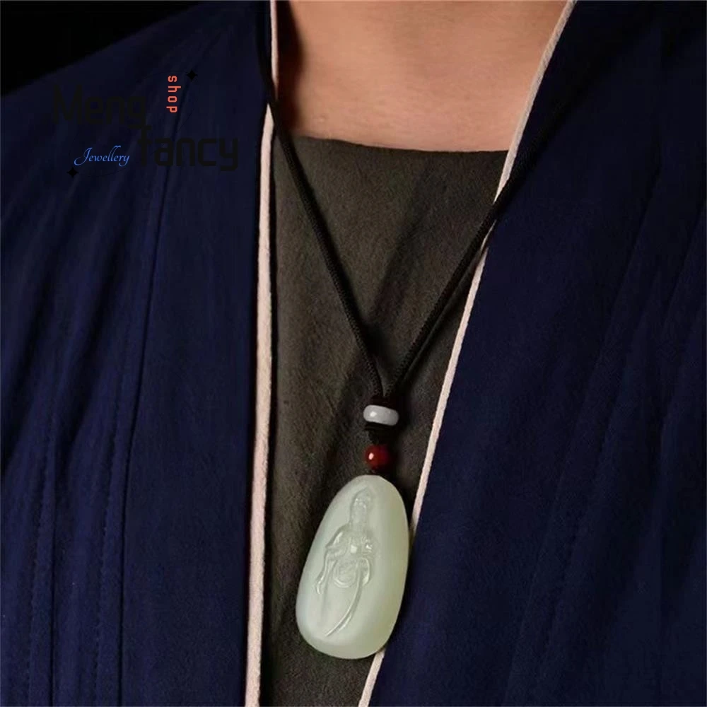 Natürliche Hetian Jade hellgrün Guanyin Anhänger exquisite elegante einfache hochwertige buddhistische Amulette Luxus qualität edlen Schmuck