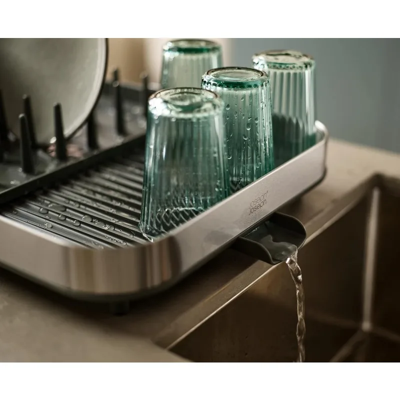 Expanding Dish Drying Rack with Removable Silverware Holder, Draining Spout, Stainless-steel