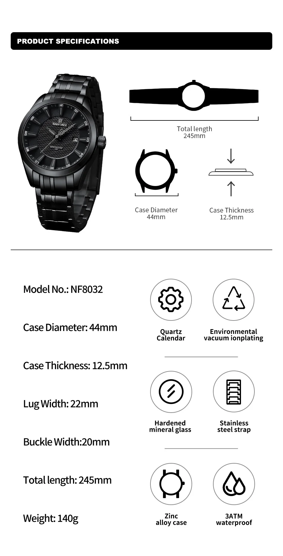 NAVIFORCE NF8032  New Style Men's Quartz Business Watch Waterproof Sports Casual Stainless Steel Strap Men Date Clock