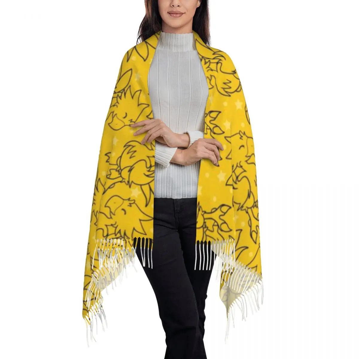 Chal Estampado Chocobo Bufanda Borlas - usage example