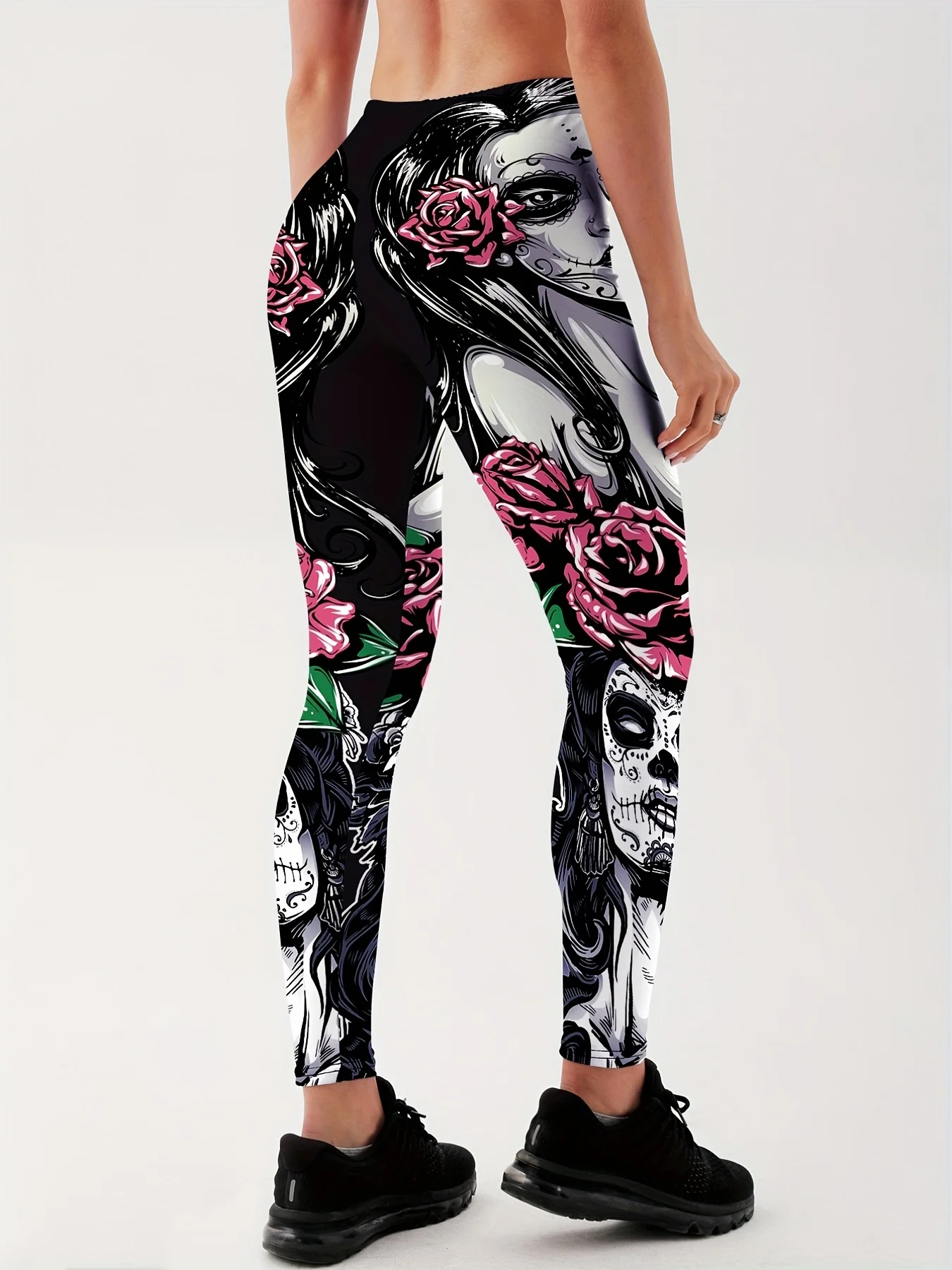 Qickitout New Arrival Women Leggings Sexy Girl With Roses Printed Leggings Gothic Fitness Workout Leggings Mid Waist Pants S-4XL