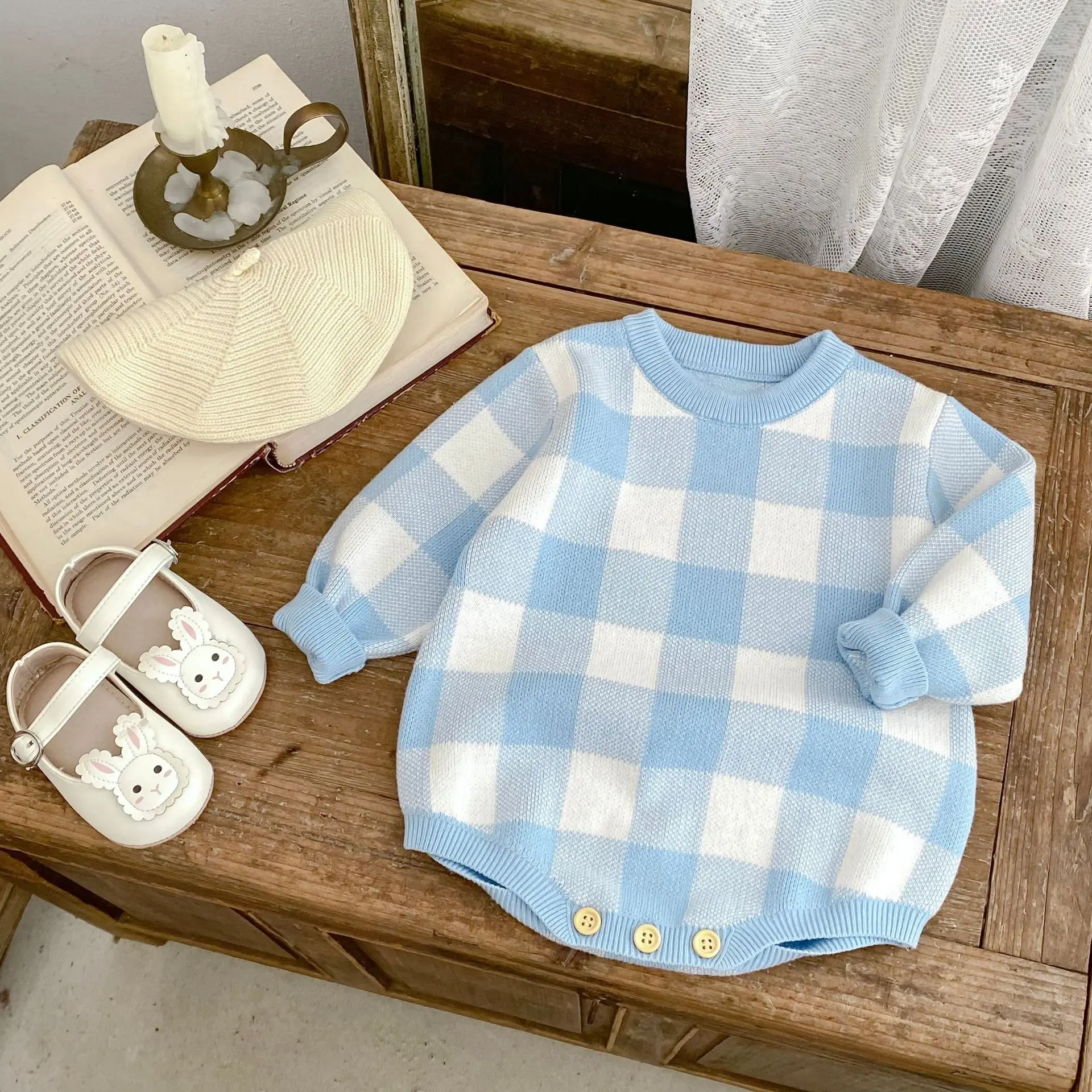 2026 New Autumn Collection Long Sleeve Blue Plaid Jacquard Baby Sweater for Boys & Girls Cotton Knit Crew Neck Pullover