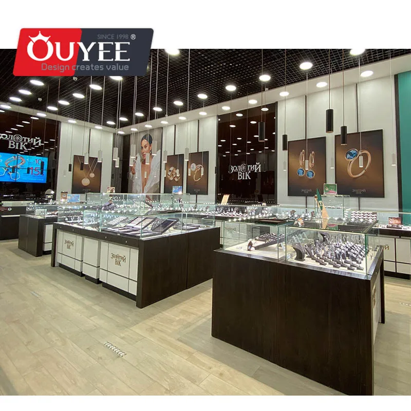 Customized-Fashion Modern Decorative Designed Jewelry Store Display Showcase With Wooden Standing Cabinet Fixtures