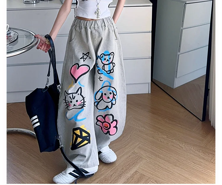 American Girl Baggy Washed Jeans Kinder Retro Harajuku Cartoon Print Denimhose Kinder Hip Hop Streetwear Hose mit Zeichnungen – Detail 2