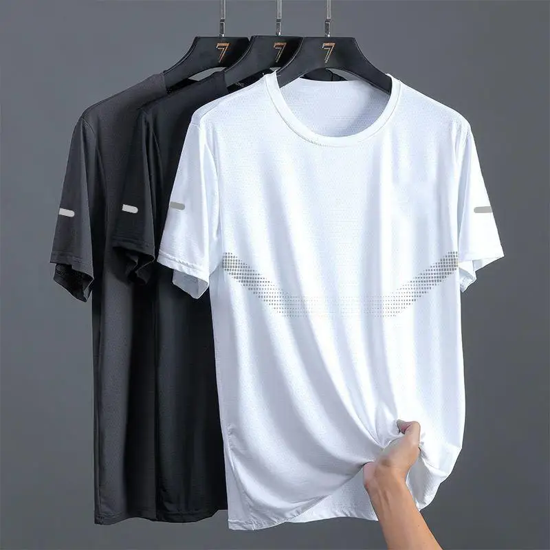 New Ice Silk Running Shirts Men Loose Short Sleeve Top Basketball Gym Sportswear For Male Fitness Workout Mesh Breathable Tee