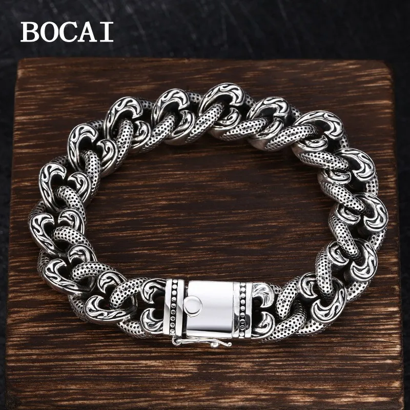 BOCAI New S925 Sterling Silver Vintage Dominant Personality Love Vine Pattern Dots Hip Hop Bracelet Male