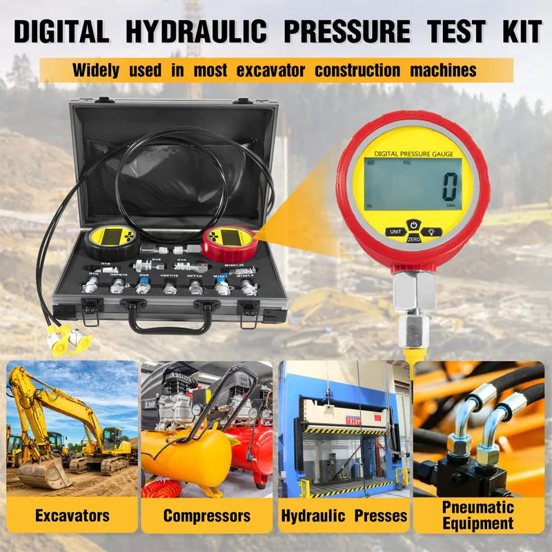 

70M Digital Hydraulic Pressure Test Coupling Kit for Excavator Construction Machinery 2 Gauges 2 Test Hoses 11 Couplings 700BAR