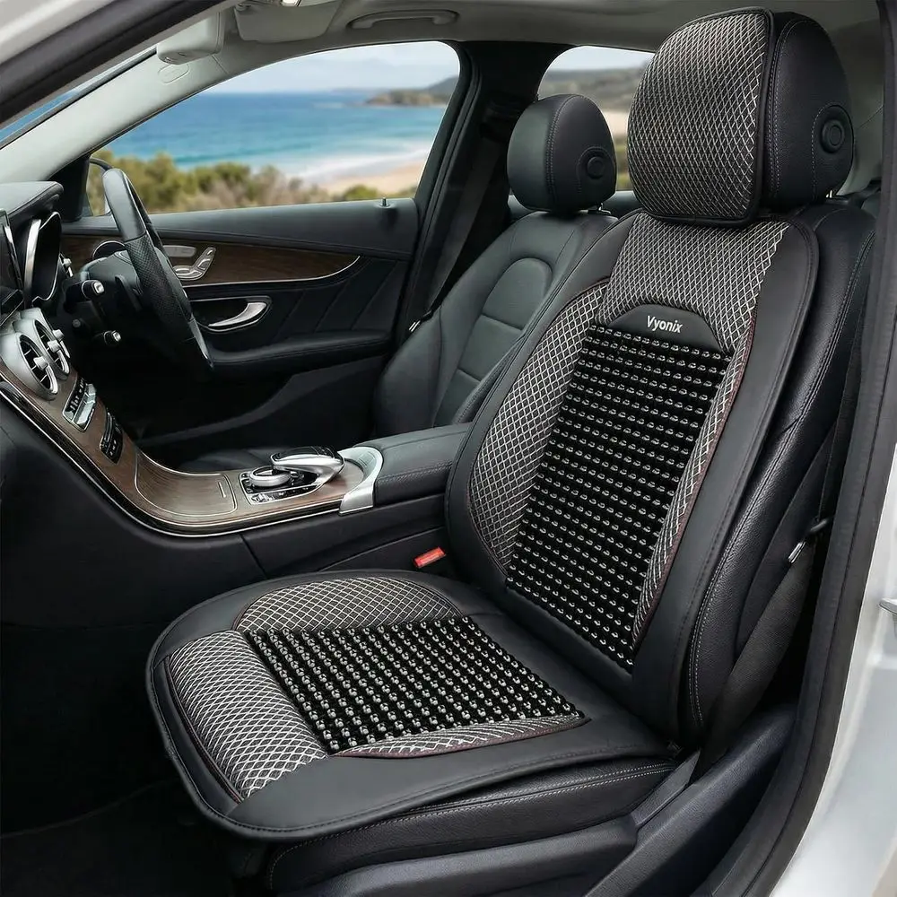 Breathable Mesh Beaded Car Seat Cover with Wooden Bead Massage for Sedan, SUV, and Truck (1 Pack, Royal Black)