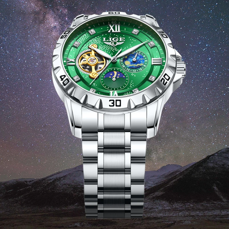 

LIGE 2025 автоматические часы мужские роскошные механические мужские часы Starlight 30 м водонепроницаемые светящиеся модные наручные часы Reloj Hombre