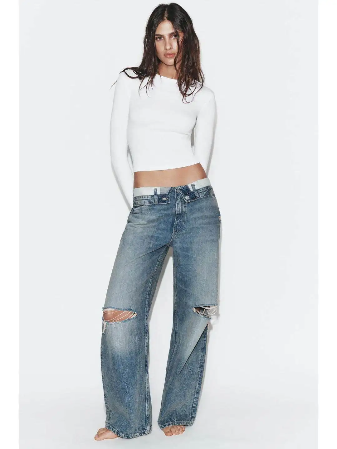 Casual Standard Mid-Waist Jeans Decorative Cuffed Hole Spring Wide Leg Jeans Blue Color Women's plus Size No Brand Registered...