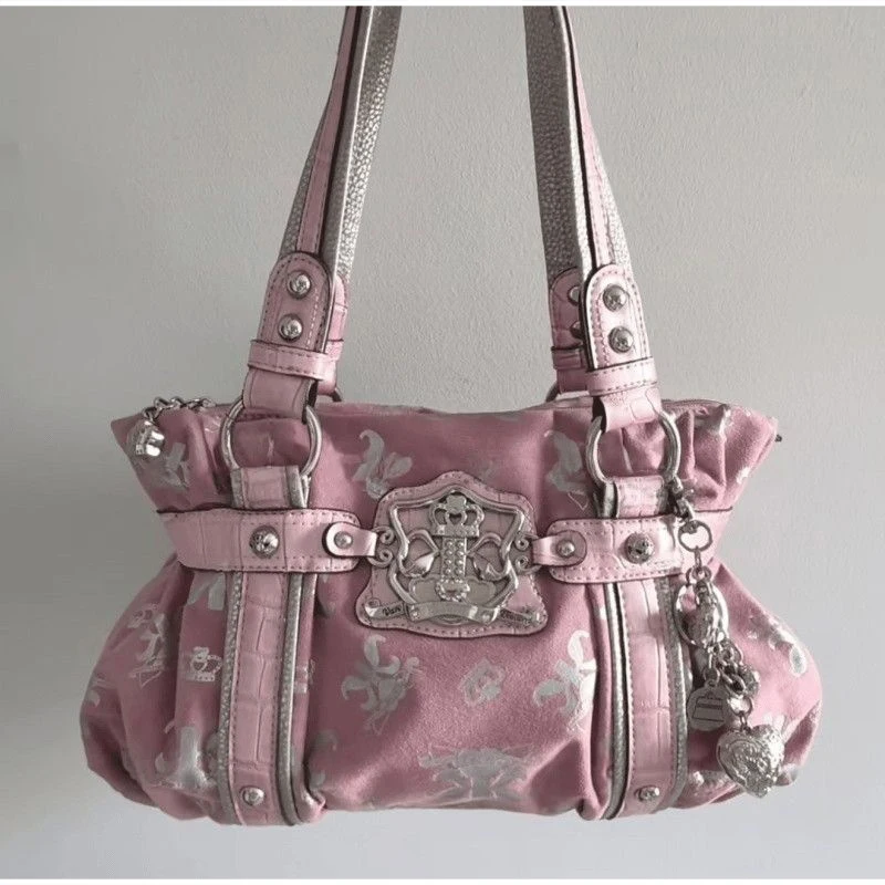 Koreanische Y2K-Style-Schultertasche, süßes, trendiges Design mit rosa Aufdruck, Damen-Tragetasche, Vintage-Nieten-Dekor, leichte, gerüschte Handtasche für den Alltag – Detail 12