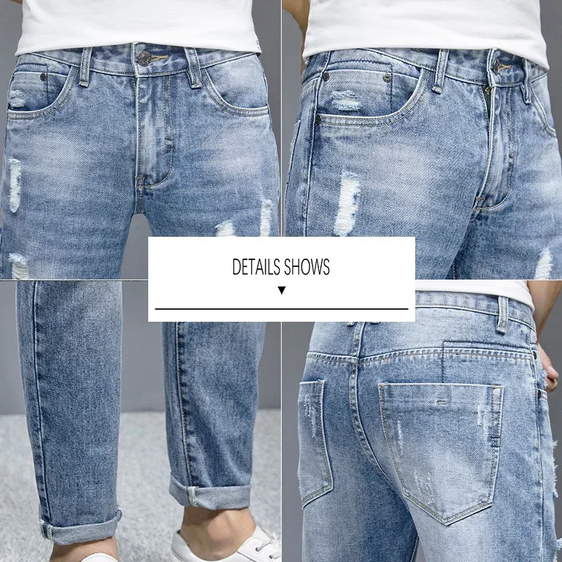 TFETTERS 2024 Spring Summer Men Ripped Jeans Cropped Mid Rise Stretch Hip Hop Punk Pencil Pants Streetwear Party Men Clothing