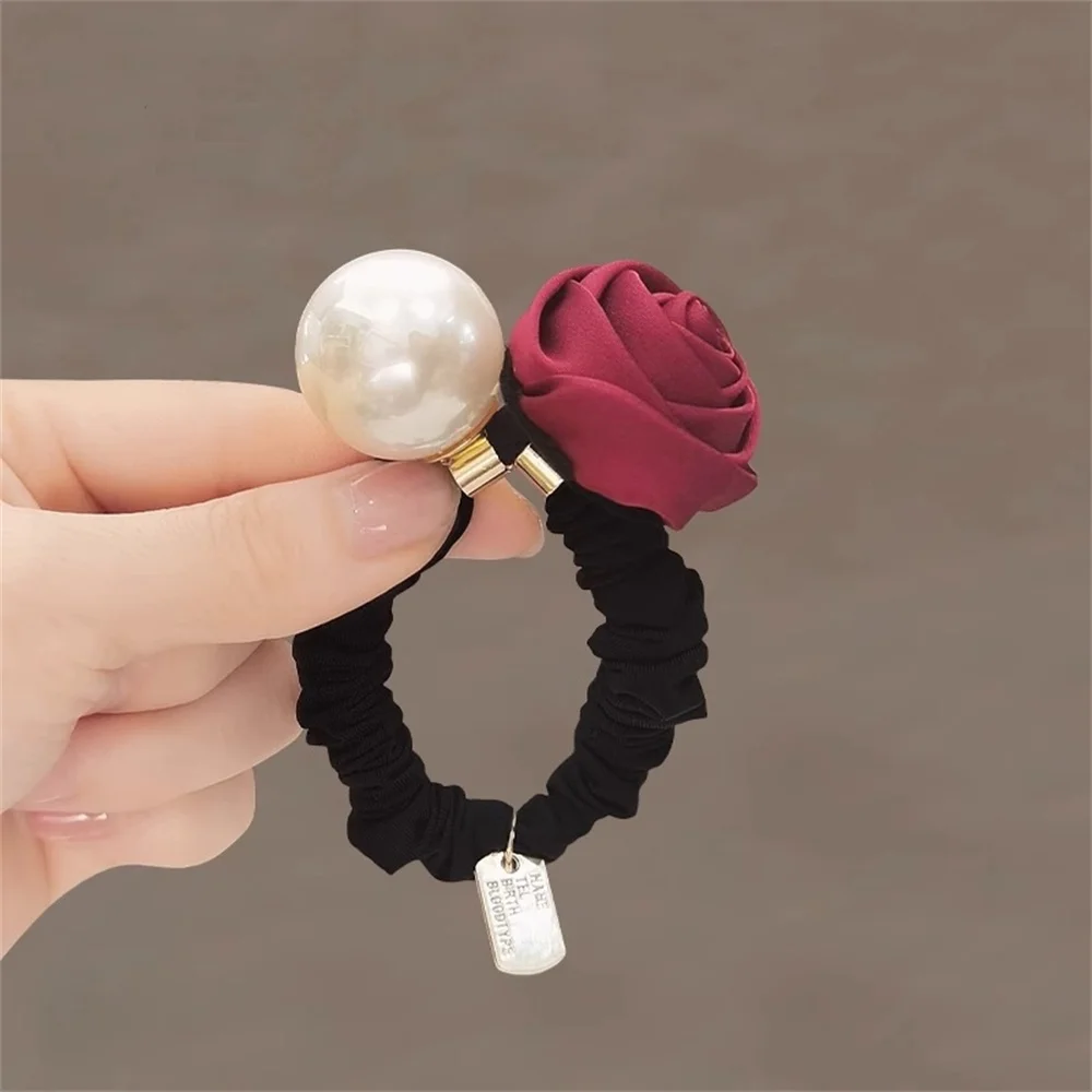 Bandes de cheveux élastiques en perles coréennes pour femmes et filles, cravates en satin rétro, fleur rose, anneaux de cheveux, vêtements de sauna, porte-queue de cheval, ULà cheveux