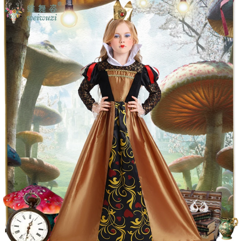

Children's Day Girl Red Queen Costume Alice in Wonderland Queen of Hearts Halloween Purim Kid Outfit Book Week Fantasia Dress