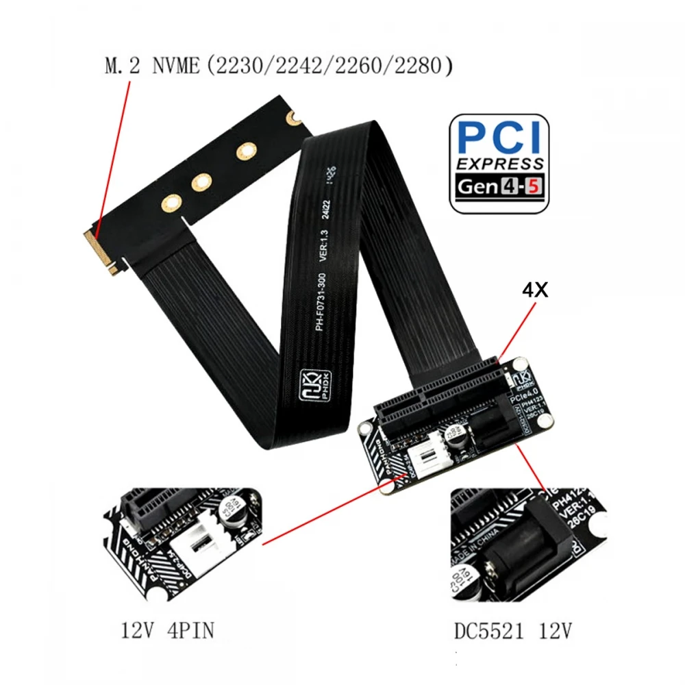 M.2 to Pcie M.2 NGFF NVMe M-Key to PCI-E X1 X4 X8 X16 Socket Cable Graphics Card Extension Adapter PCI-Express for M2 2260 2280