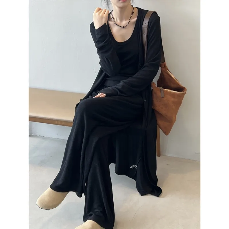 مجموعة جوهنيتشر كسول غير رسمية مكونة من ثلاث قطع سترة نسائية طويلة جديدة مع حمالة بنطال واسع الساق تحت مجموعات نسائية غير رسمية