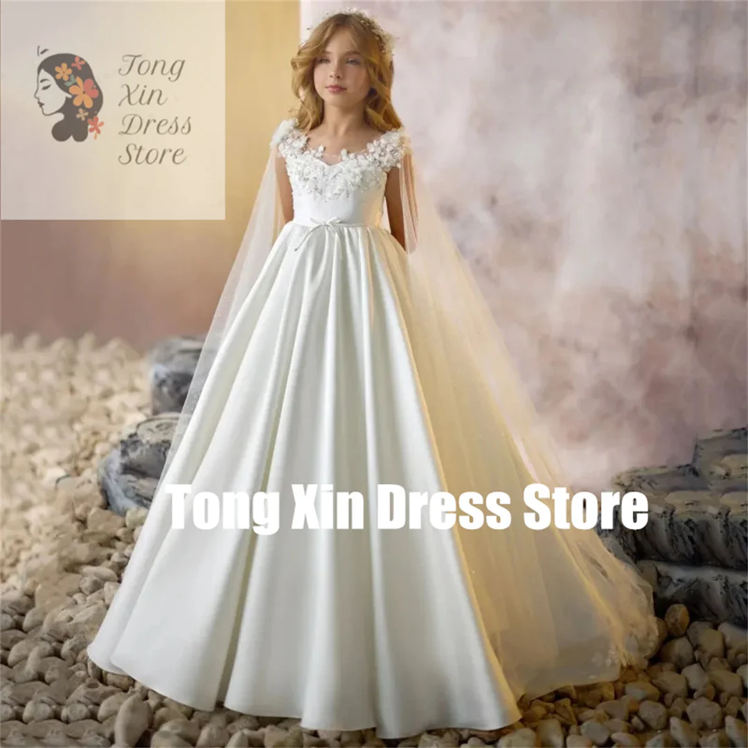 Customized Flower Girl Dresses White Satin Flory Appliques Sleeveless For Wedding Birthday Party Holy Communion Banquet Gowns