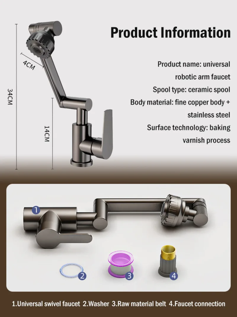 Mechanical Arm Universal Faucet Kitchen Splashproof 1080°Swivel Faucet Bathroom Foldable And Retractable Faucet Accessories