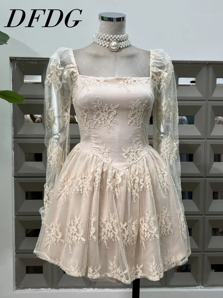 DFDG 2025 SS المرأة أنيقة الدانتيل قبالة فستان باف كم طويل سليم صالح الربيع الصيف حفل زفاف كوكتيل فستان أنيق #1