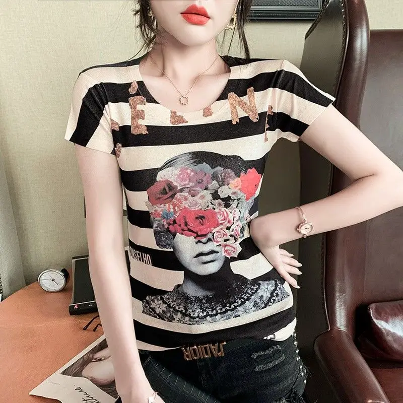 

Summer Stylish Printed Striped T-shirt Casual Slim Short Sleeve Female Clothing Round Neck All-match Letter Commute Pullovers