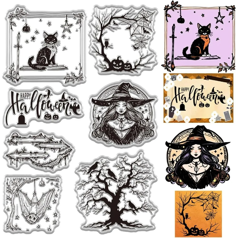 Halloween-Hexen-Stempel für die Kartenherstellung, Vogel, Fledermaus, Katzenbaum, Terror, Gummi, Silikon, wiederverwendbar, transparentes Siegel für Umschläge