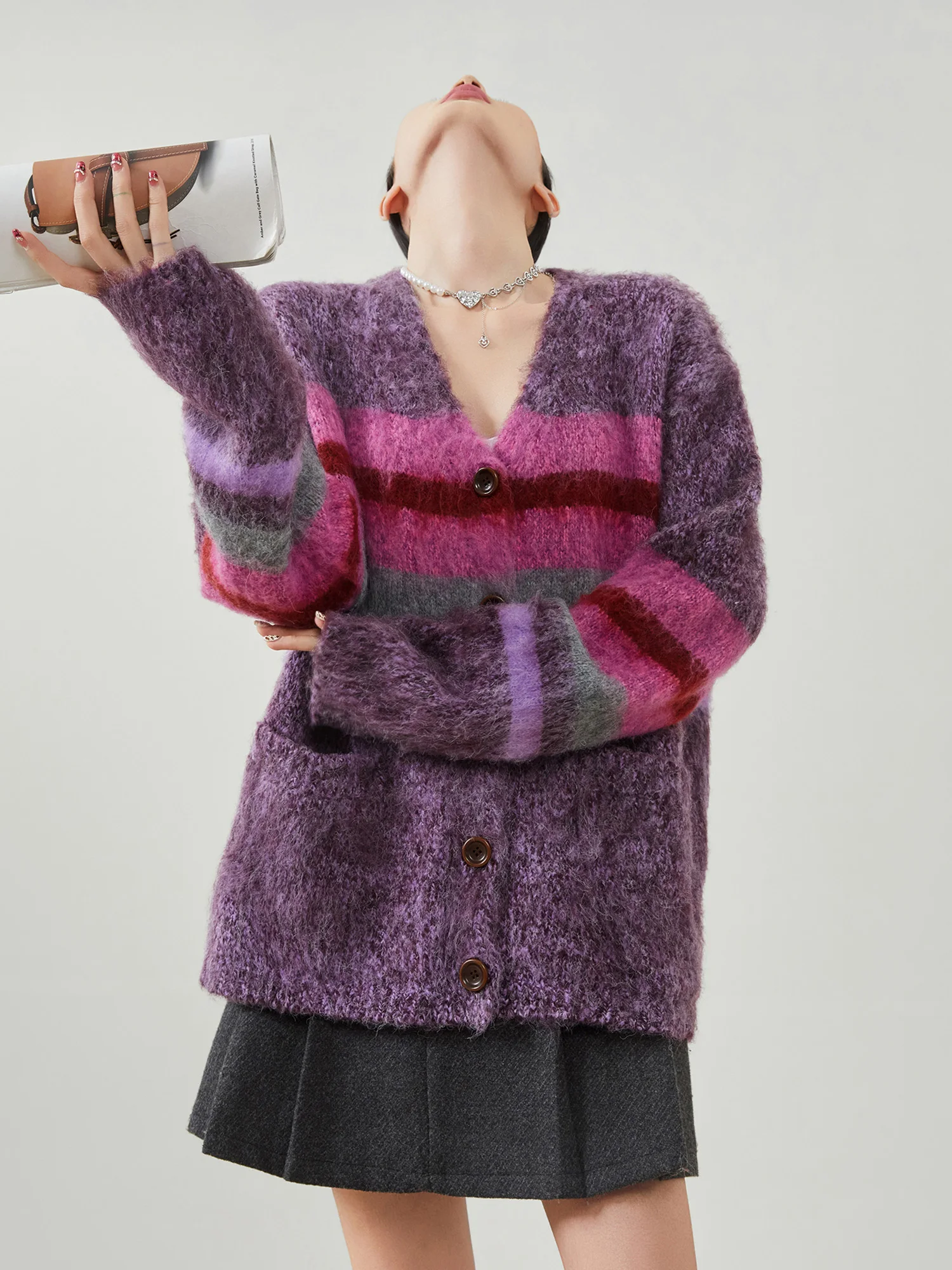 

Свободный женский вязаный кардиган с V-образным вырезом, длинными рукавами, из полиэфирного волокна, повседневный, розово-фиолетовый, с горизонтальными полосками