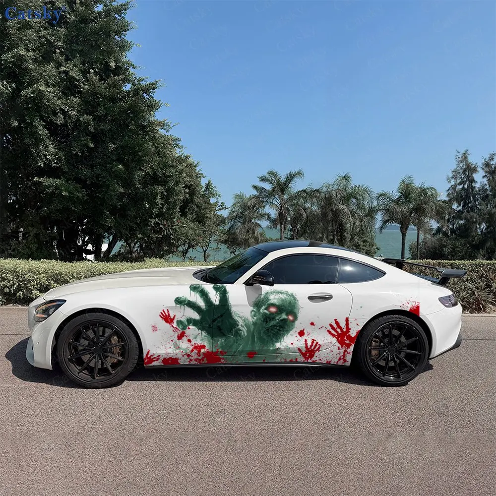 2pcs Red-Eyed Zombie Blood Stain Car Side Wraps, Self-Adhesive PVC Waterproof & Scratch-Resistant Stickers, Car Accessory Gift