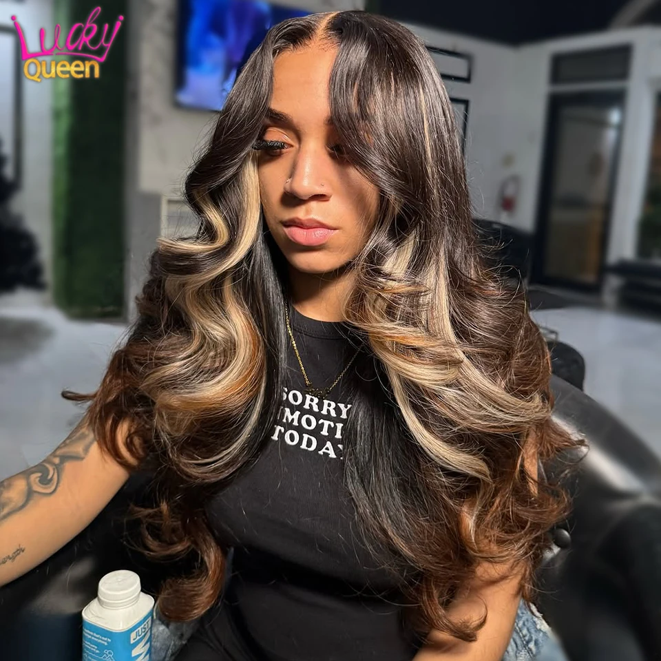 

Black Blonde Layers Highlights Brown 7X5 Glueless 13X6 Human Hair Pre Plucked Transparent Lace Frontal Wigs 180Density For Women