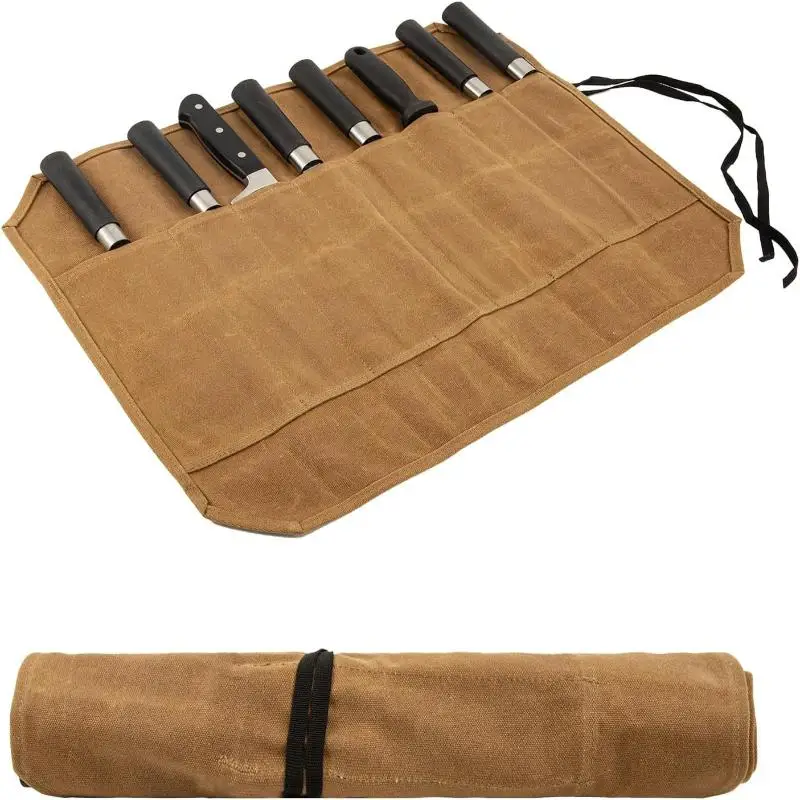 Waxed Canvas Chef Knife Roll Multiple Storage Slots Durable Kitchen Tool Bag Home Outdoor Cooking Storage Case
