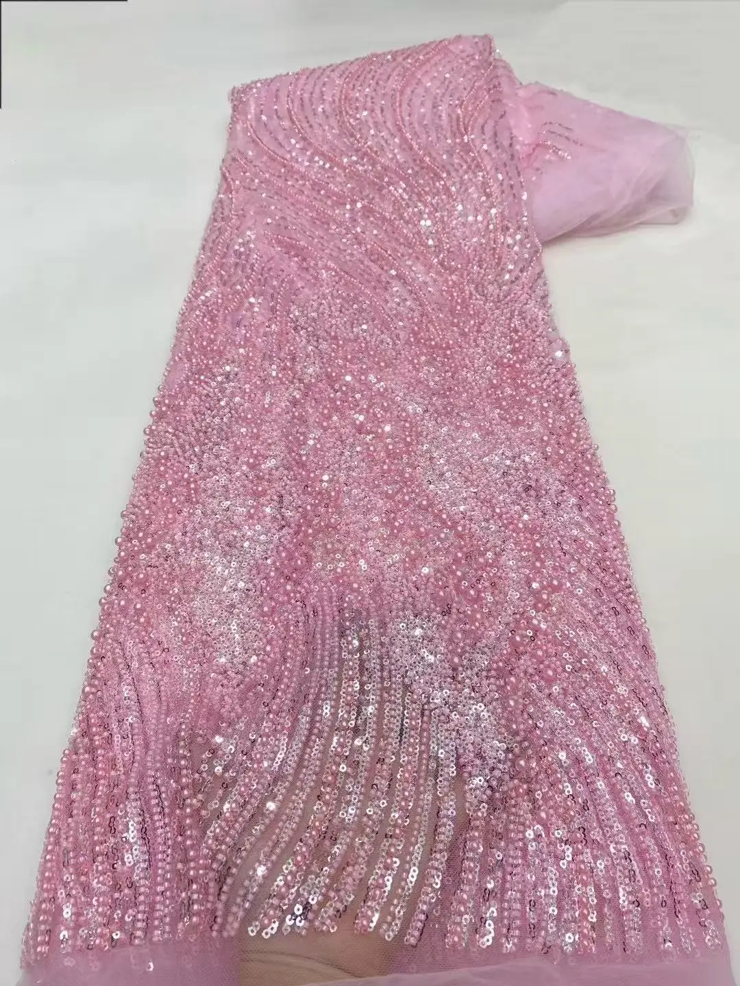 

High Quality African Sequins Tulle Embroidered Groom Lace Fabric Beaded Sequins Lace Fabric For Nigerian Wedding Material