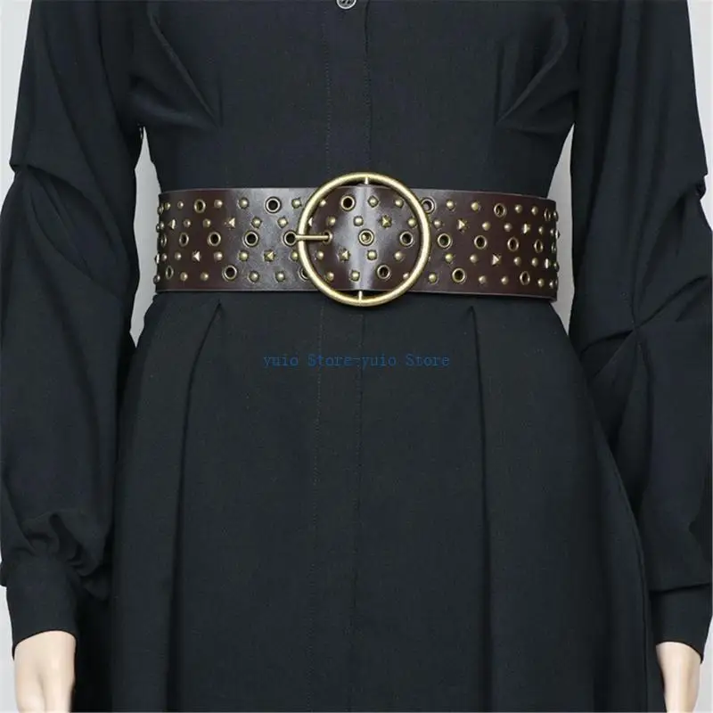 

X7XB Harajuku Adult Waist Belt with Pin Buckle Alloy Rivet Waistband PU Waist Belts for Women Man Wear Resistant Wide Belt