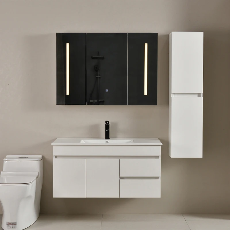 

European Hotel Modern Bathroom Vanity with Ceramic Basin Wall Mounted Light Emitting Diode Mirror