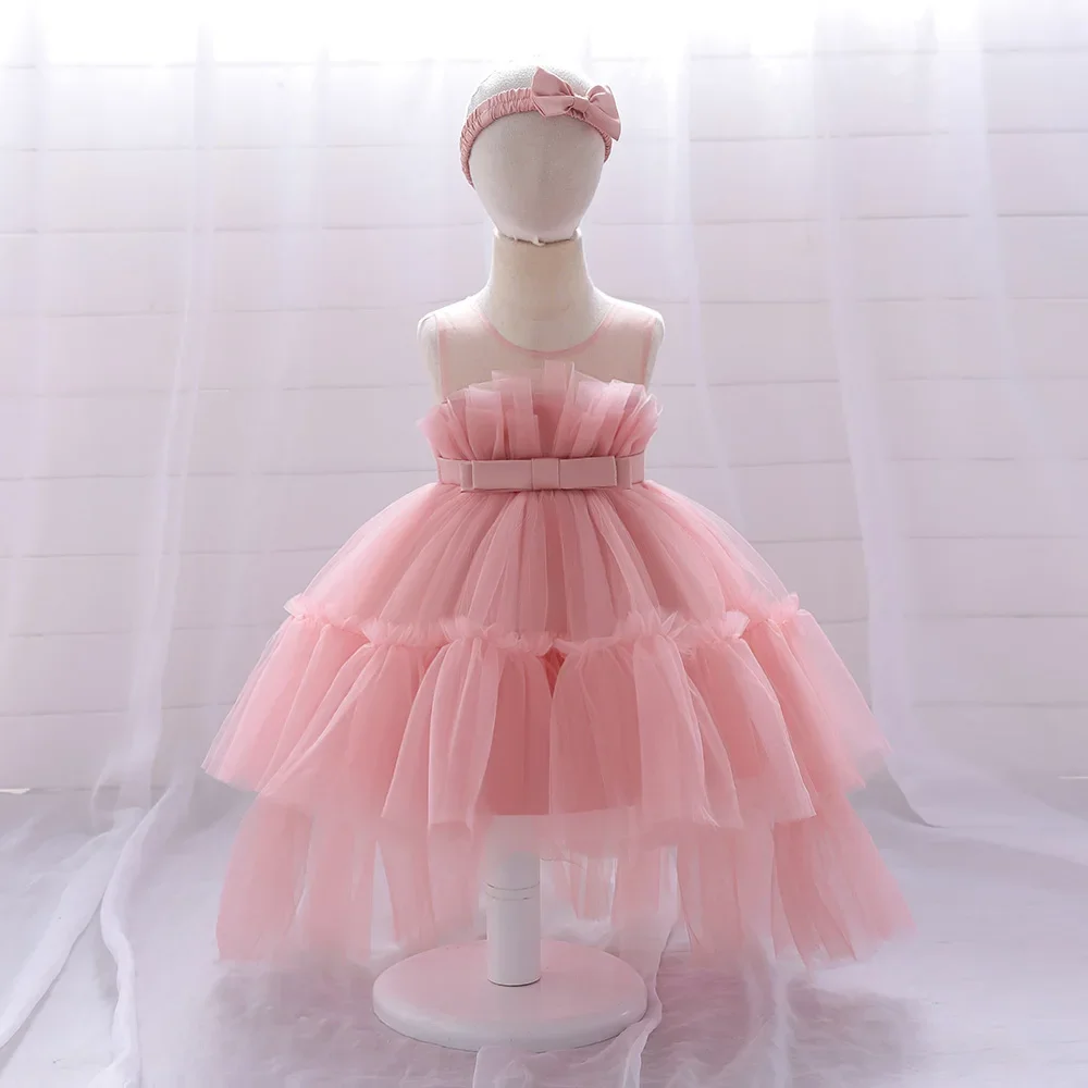 Fluffy Bow Baby Trailing Girl Dresses Tulle Wedding 1st Birthday Party Vestidos Kids Evening Gown Pink Princess Dress for Girls