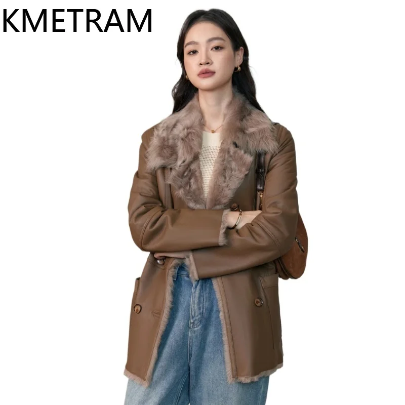 Kurtka damska z prawdziwej skóry owczej, dwustronna, luksusowa, brązowa, z naturalnego futra, płaszcz zimowy, odzież damska 2025