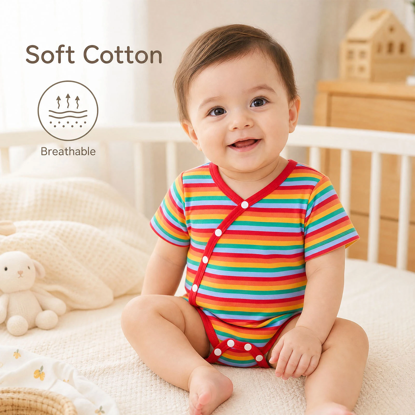 Baby Boys Girls Tube Feeding Adaptive Striped Romper Short Sleeve Press Button Closure Bodysuit for Outdoor Park Hospital