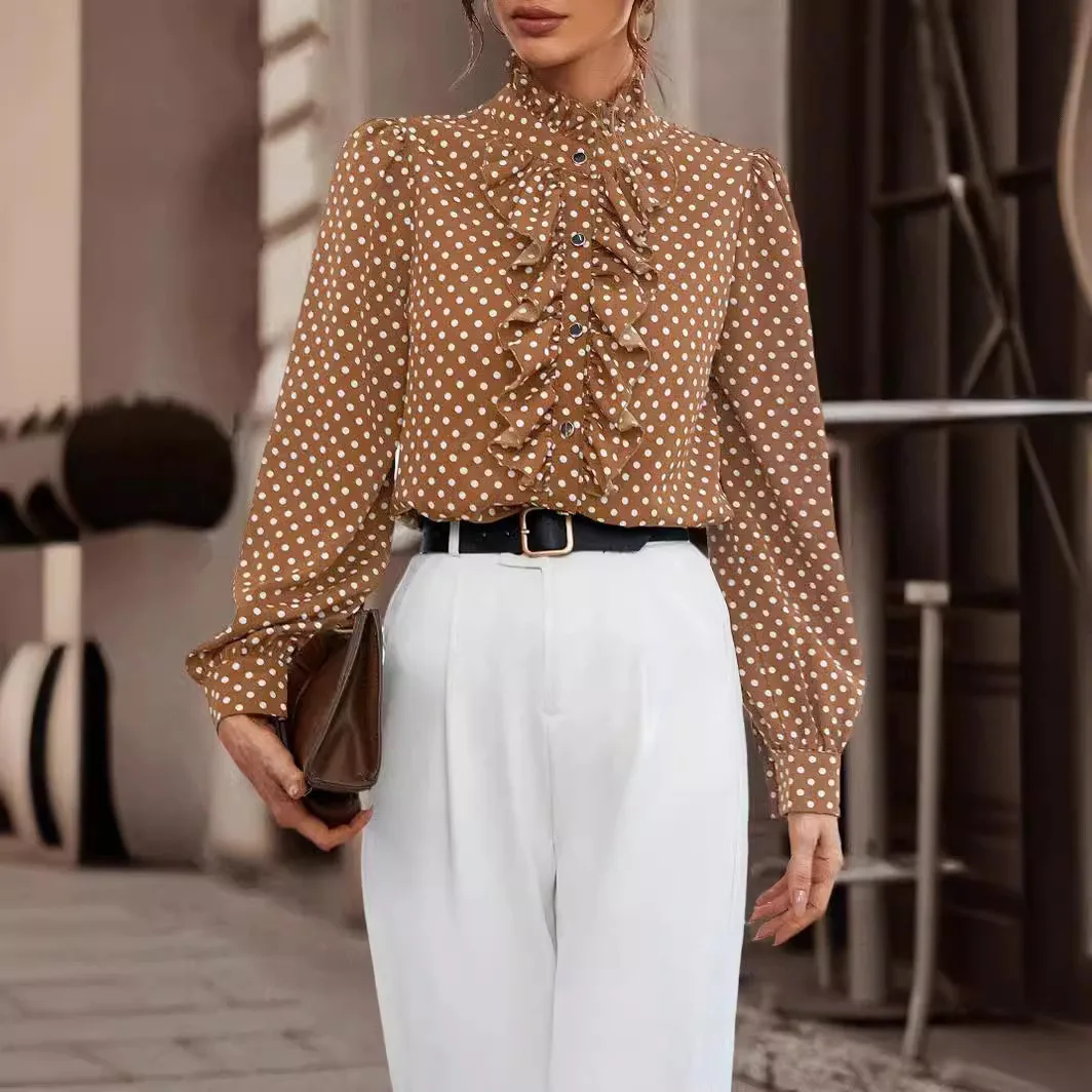 2024 Spring Summer Long Sleeve Button Shirt Fashion Polka Dot Print Ruffle Women Shirts Blouses Elegant Office Lady Casual Top