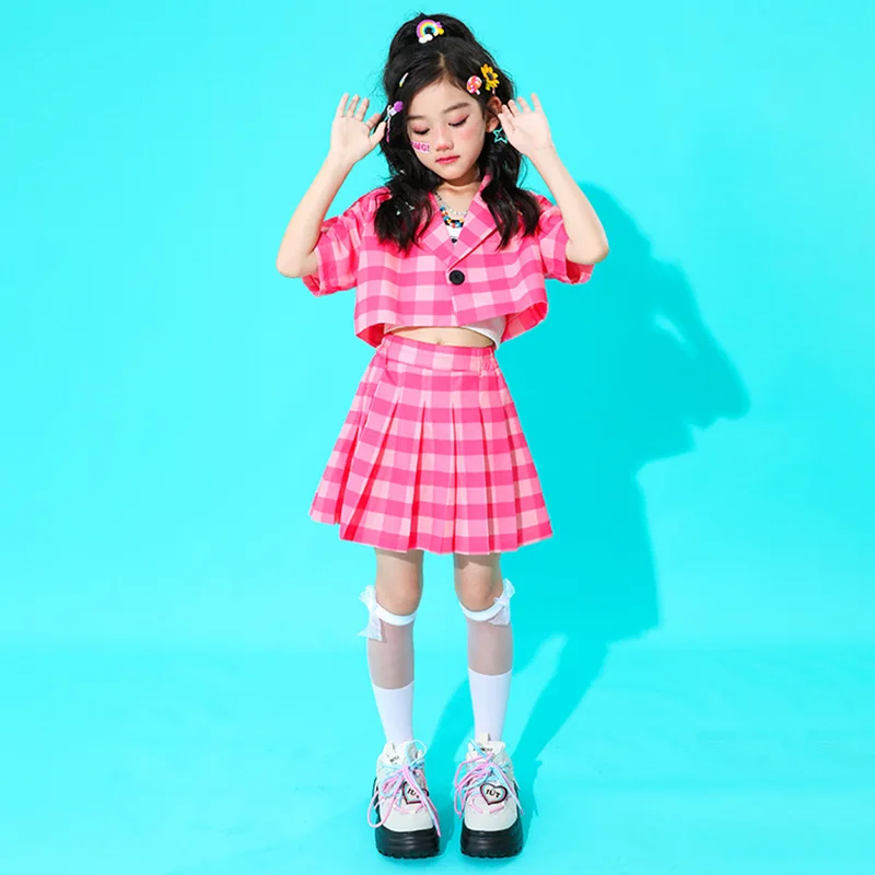 Kid Cute Hip Hop Clothing Rose Checkered Short Sleeve Blazer Jacket Top Pleat Mini Skirt Set for Girl Jazz Dance Costume Clothes