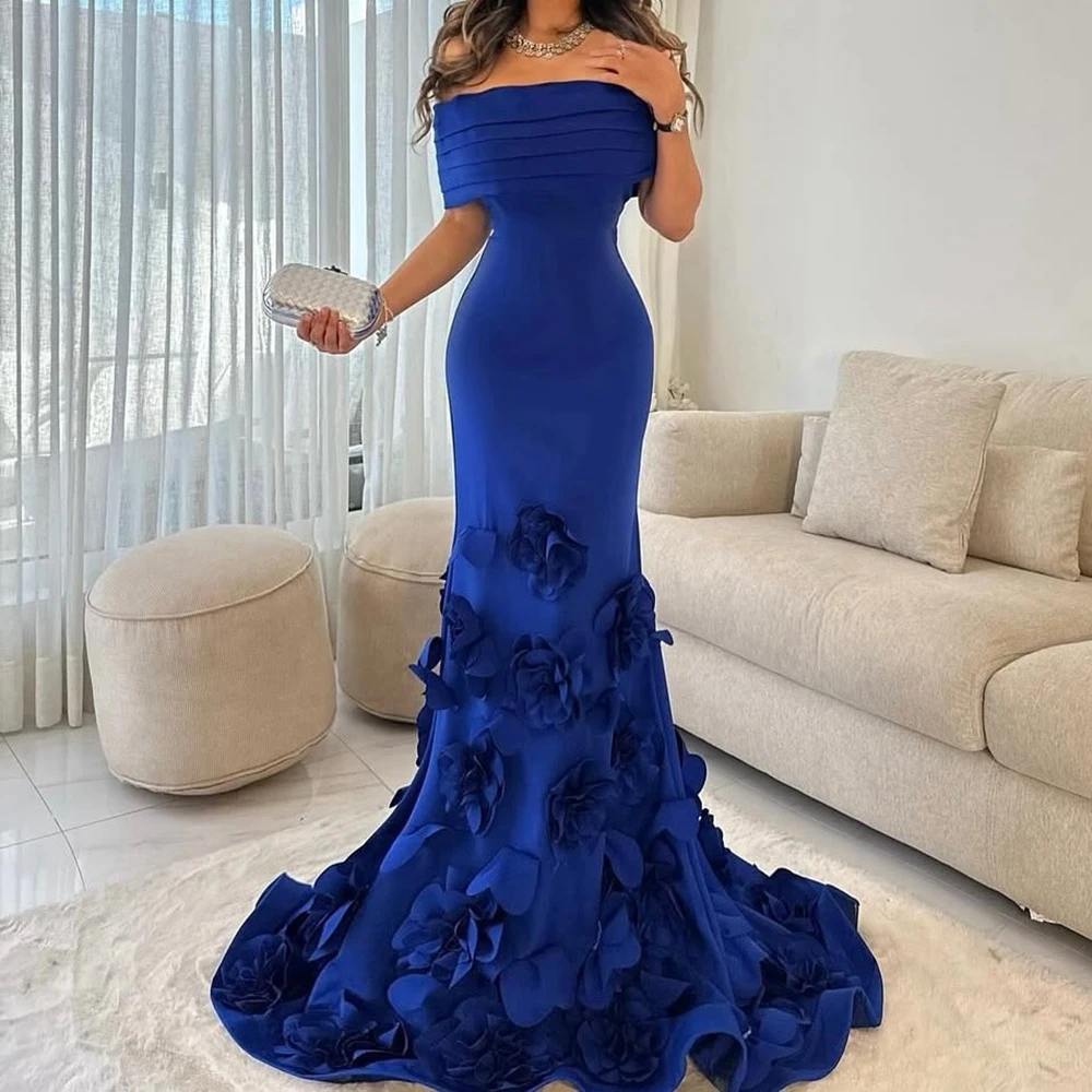 

Customized Mermaid Evening Dresses Floor-length Off The Shoulder Sleeveless Prom Gown Fashion Flowers Pleat Draped Party Gown