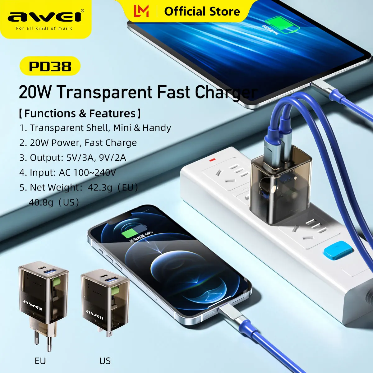 Awei PD38 20W Fast Charger Semi-transparent Shell Multiple Protections 2 Ports USB A Type-C EU US Plug for iPhone Samsung Huawei