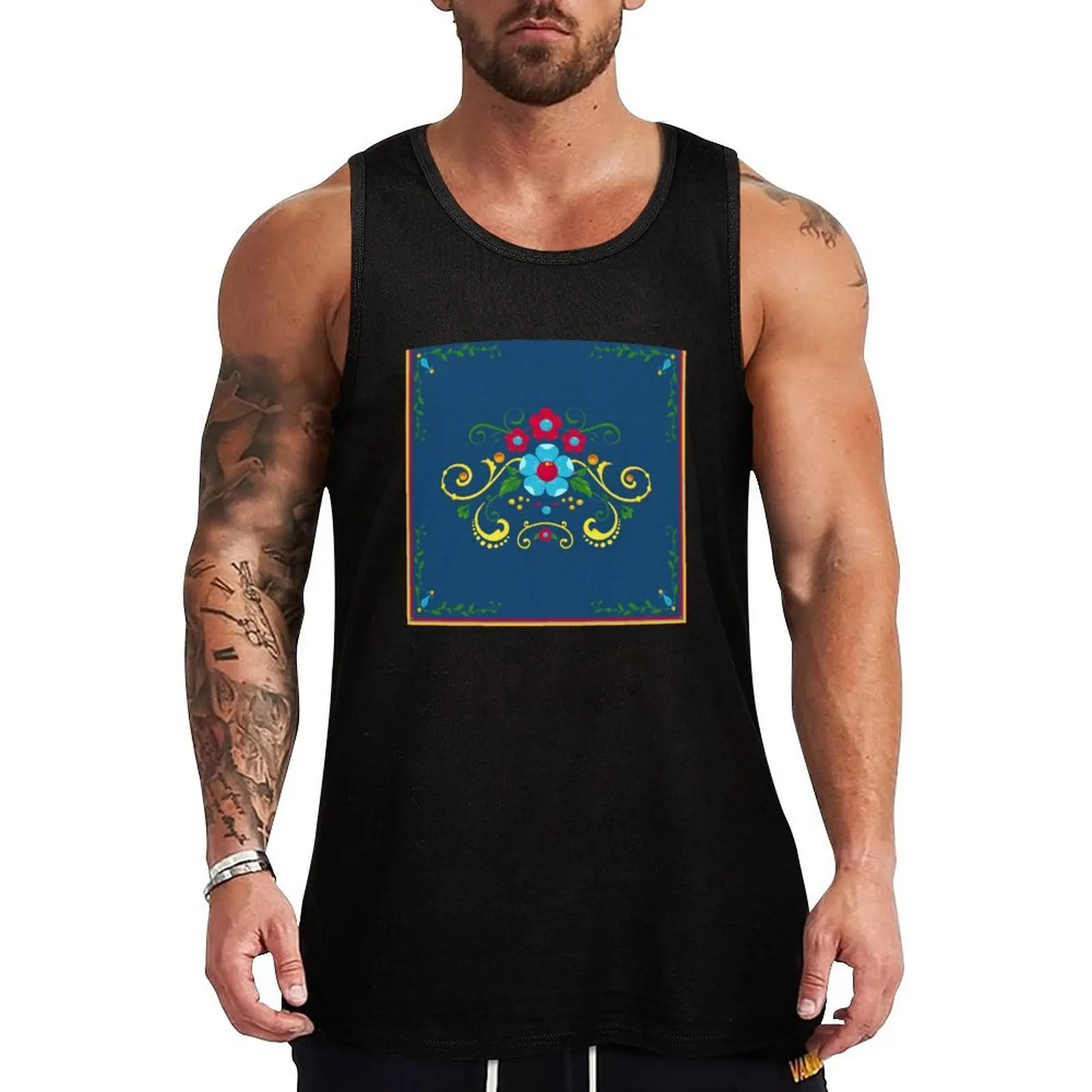 

Red and Blue Flowers in Buenos Aires Fileteado Porteno Filete Street Art Style Tank Top sports t-shirts for men