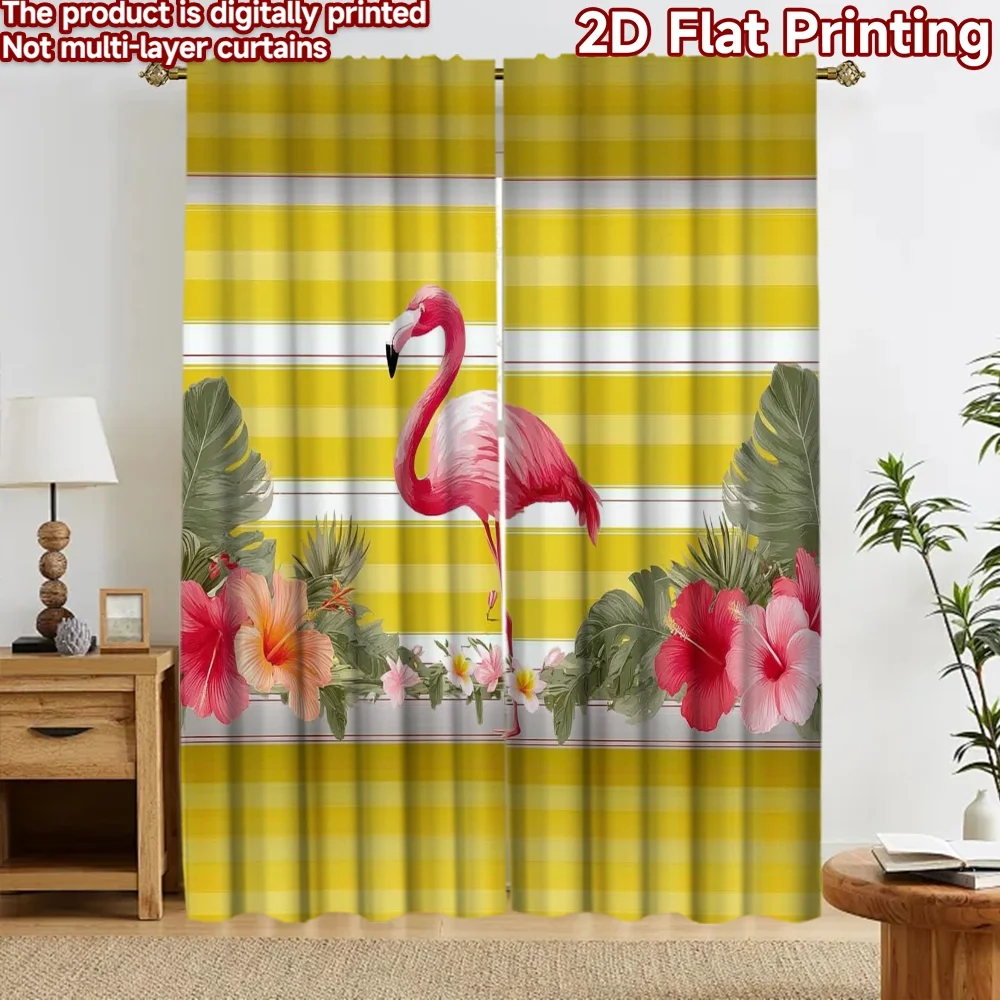 2D flat 2pcs Curtain French Romantic Style Curtains Tropical Pink Flamingo Digitally printed polyester Festive Holiday Use for