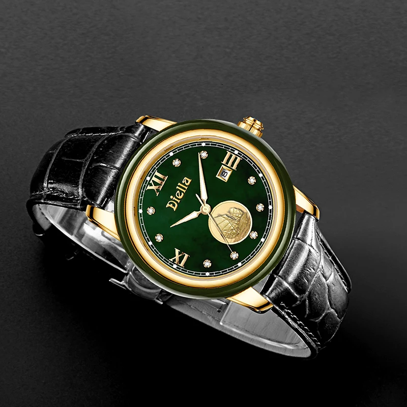 Aivasee Luxury Green Jade Watch for Men with Japanese Miyota Quartz Movement, Leather Strap Mens Analog Waterproof Wrist Watch