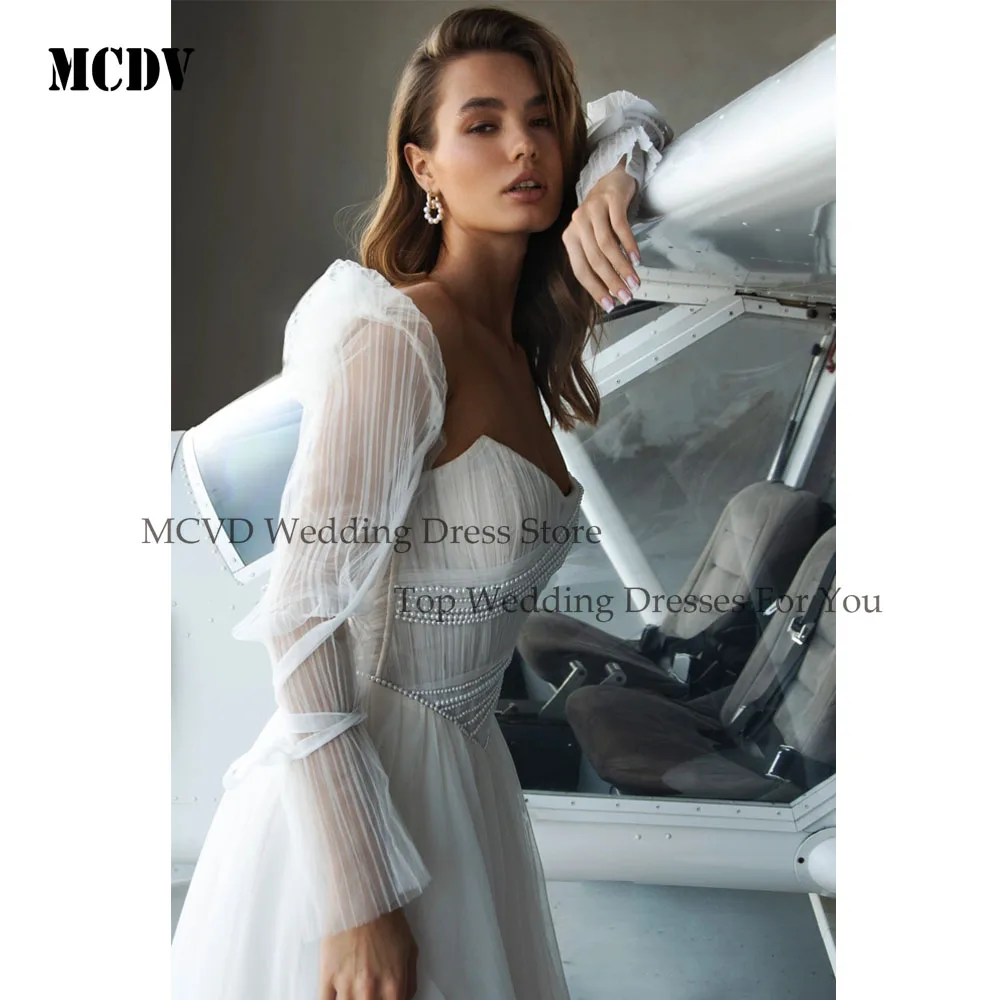 MCDV Customized Gorgeous Beaded Tulle Wedding Dress Long Sleeve Side Split vestidos de novia Strapless Bride Gowns Customized