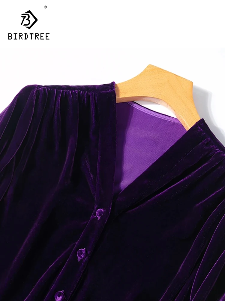

Birdtree V-Neck Long Sleeve Vintage Lantern Sleeve Blouse,Female Autumn 100%Real Silk Velvet Elegant Single Wear Shirt T3N625QC