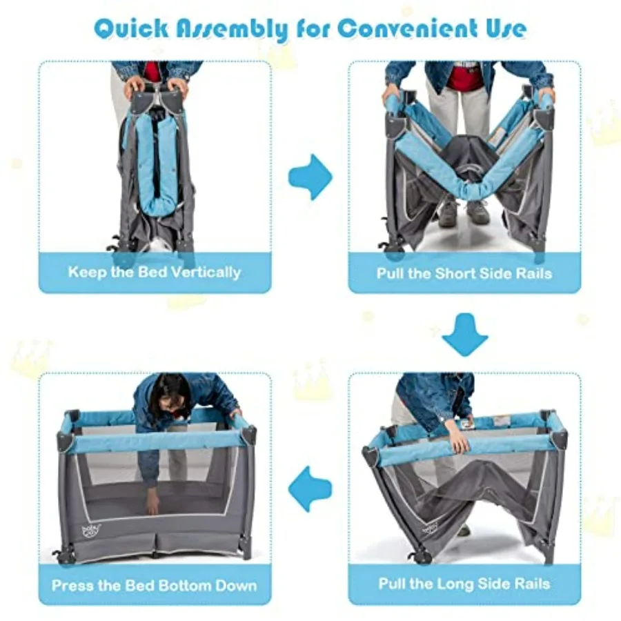4-in-1 パックアンドプレイ（ベビーベッド付き）新生児用、青色の布製折りたたみ式デザイン、おむつ交換台、おむつ収納、音楽機能付き