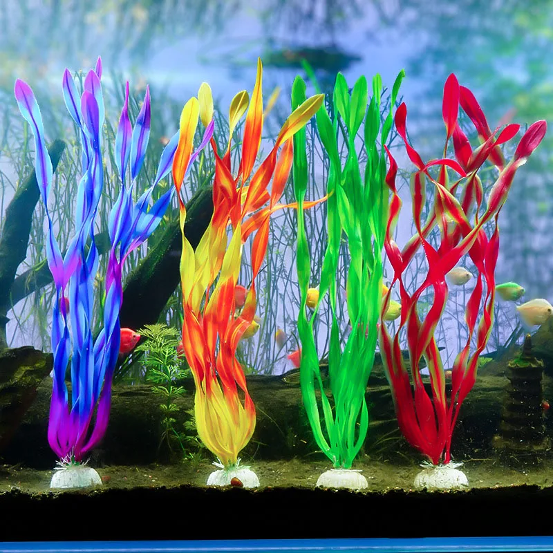 Alga Artificial Mediana con Base de Plástico, Decoración para Acuario, Planta Acuática Artificial, Adorno para Pecera, Seguro para Peces