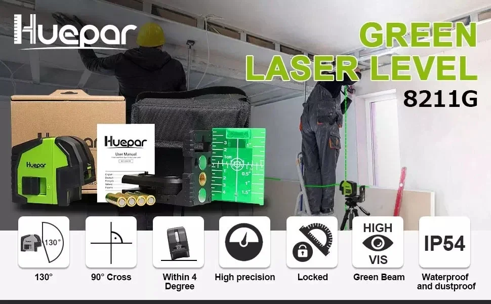 Huepar Self-leveling 8211G, Outdoor Pulse Mode,Multi 2 Line 2 Dots Professional Green Cross Line Laser Level