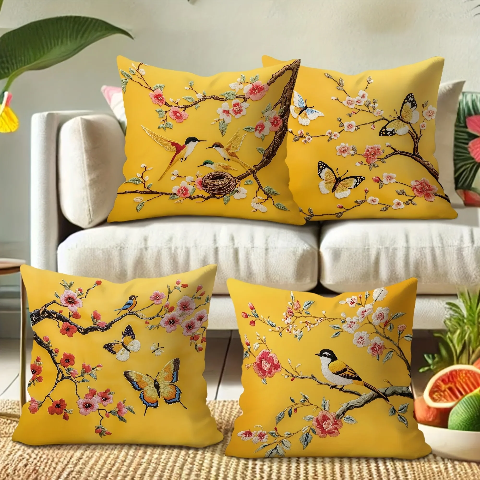 3D exquisite embroidered printed pillow cover, yellow flower, bird and butterfly printed sofa chair cushion cover